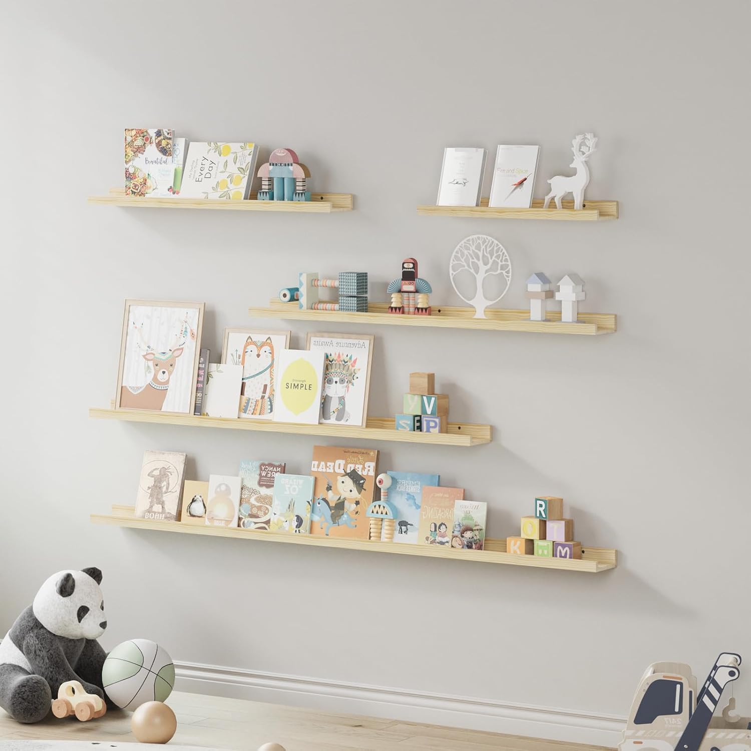 SAUMONIERES Picture Ledge Shelf Floating Book Shelves Set of 2 Wall Mounted Solid Wood for Bedroom
