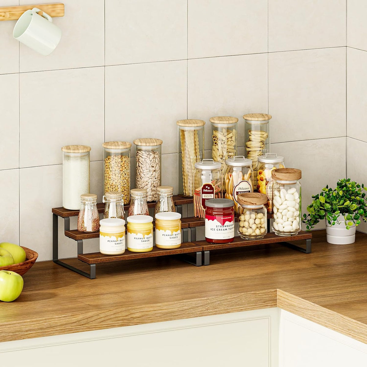 Giikin 3-Tier Spice Rack, 13.8 Inch Wood Countertop Spice Storage Holder, Kitchen Pantry Cabinet