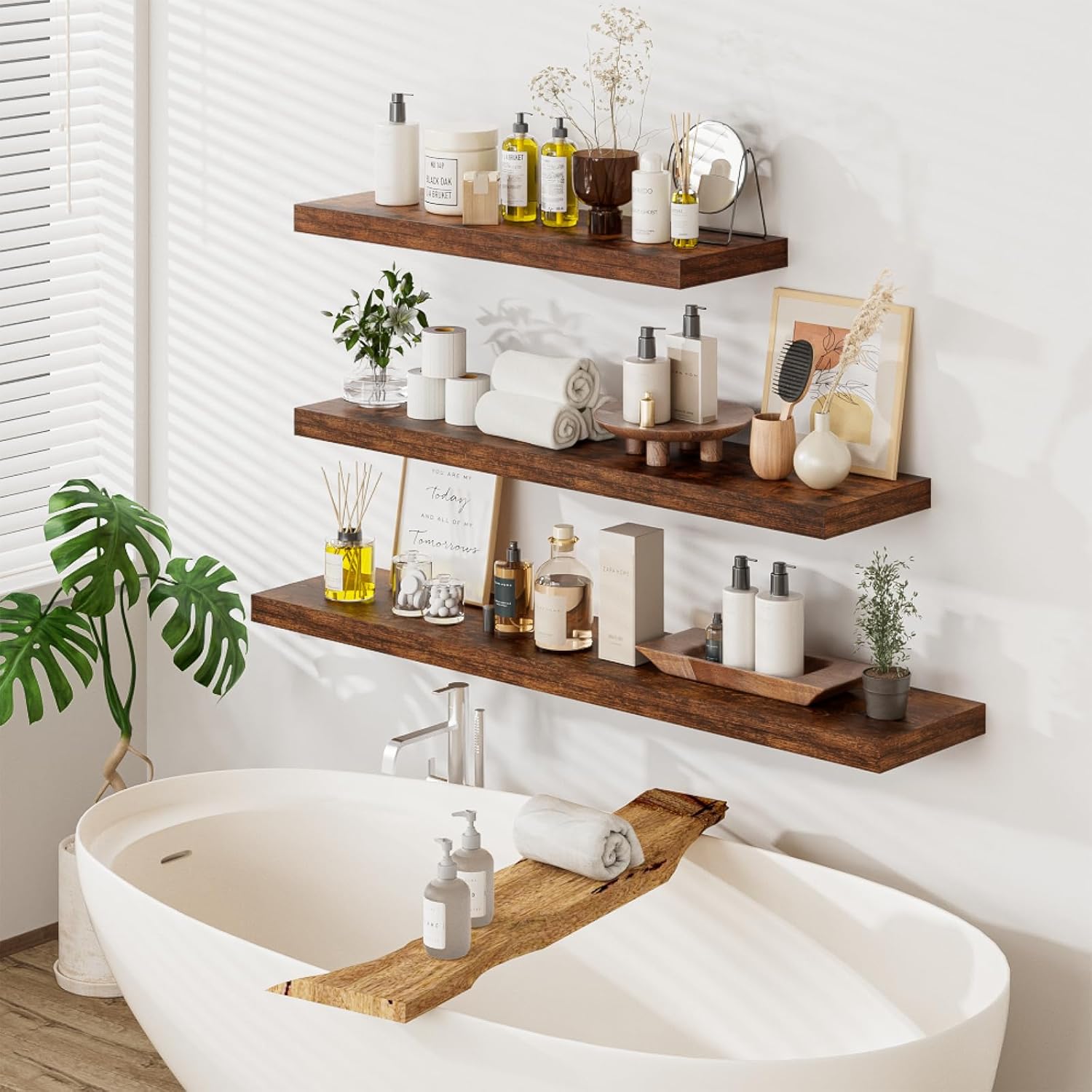 Heimlove 48W x 12D Long Floating Shelf, 12 Inch Deep Floating Shelves for Wall Set of 2, Wood