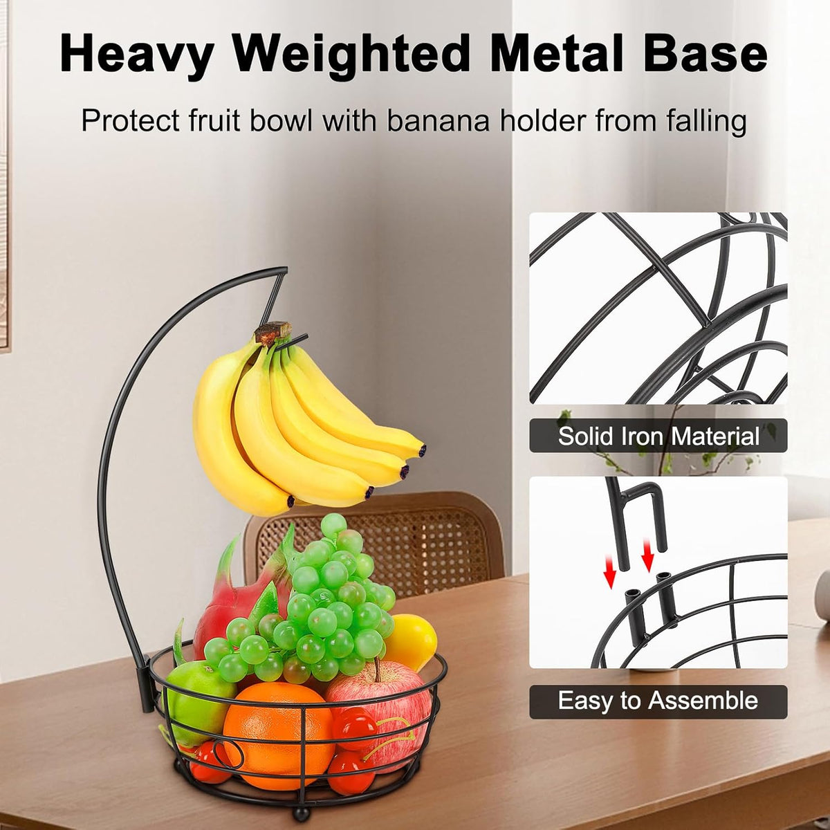 Livabber Countertop Fruit Basket Bowl with Banana Hanger, Modern Standing Fruit Vegetable Bowl