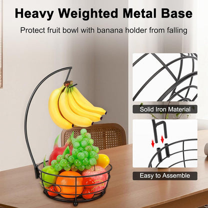 Livabber Countertop Fruit Basket Bowl with Banana Hanger, Modern Standing Fruit Vegetable Bowl
