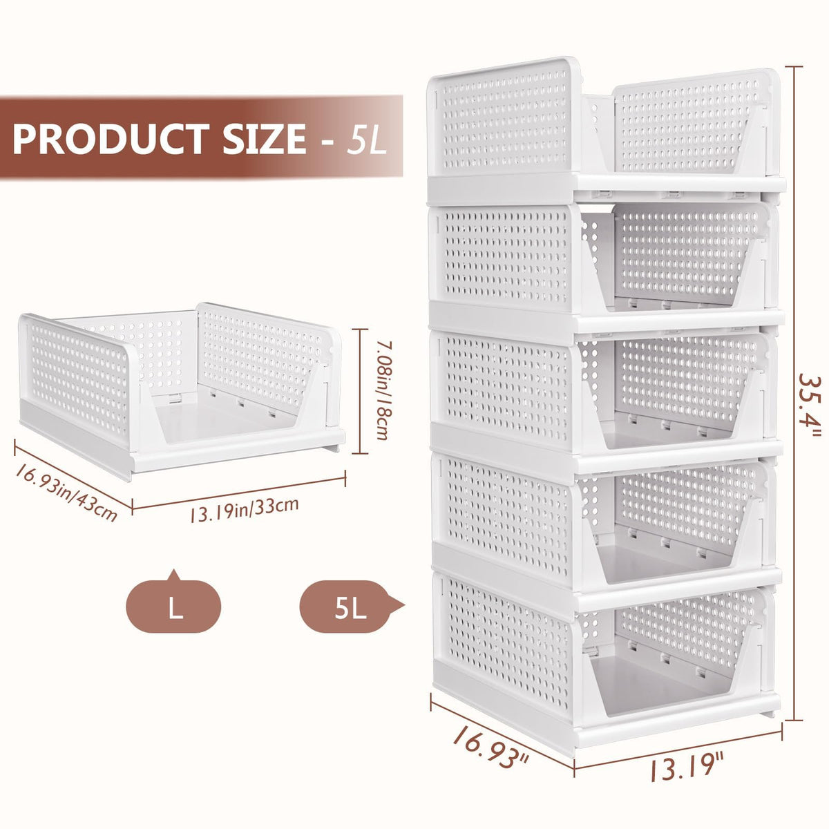 5 Pack Folding Closet Organizers Storage Box, Stackable Storage Bins, Plastic Drawer Basket Closet