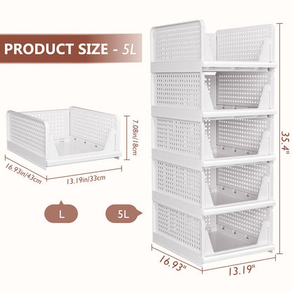 5 Pack Folding Closet Organizers Storage Box, Stackable Storage Bins, Plastic Drawer Basket Closet