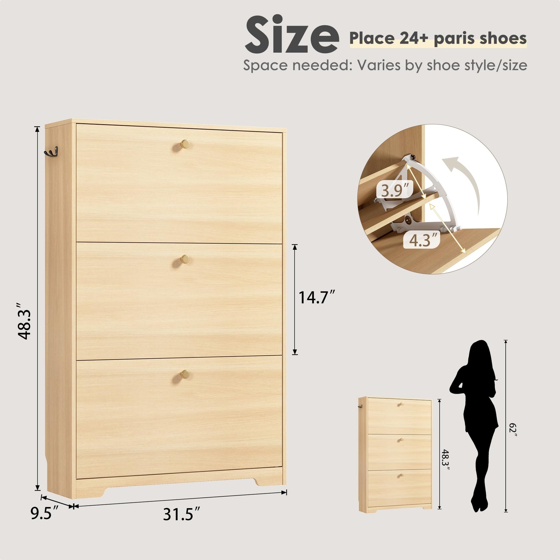 Nicetree Shoe Cabinet with 3 Flip Drawers, Entryway Storage, Natural Oak
