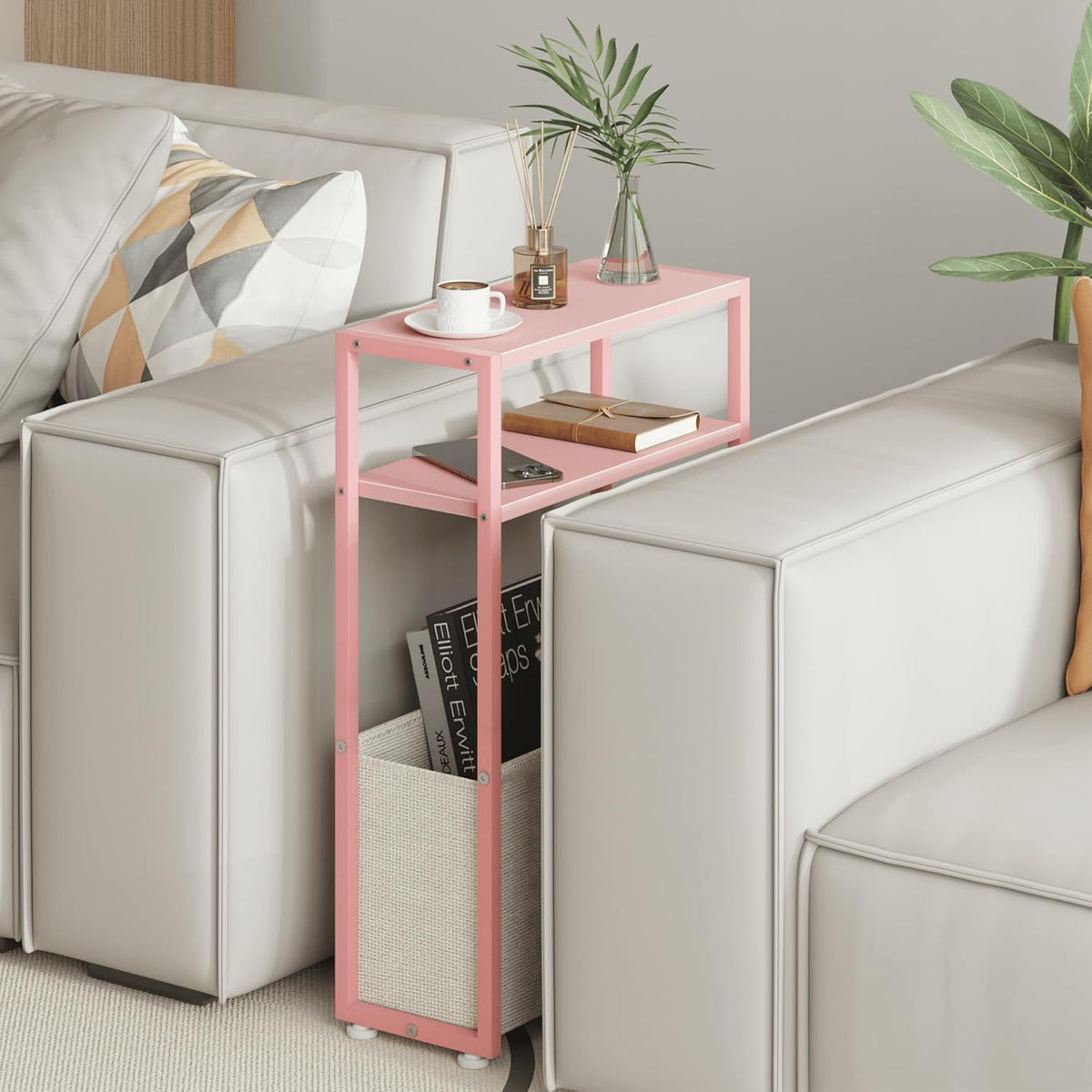 Narrow Side Table, Slim End Tables with Fabric Basket, Skinny Table for Small Spaces, Thin Bedside