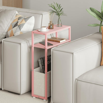 Narrow Side Table, Slim End Tables with Fabric Basket, Skinny Table for Small Spaces, Thin Bedside