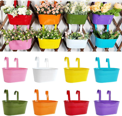 8 Pack Hanging Planters 10", Colorful Metal Bacony Railing Planter for Outdoor Decor, Countryside