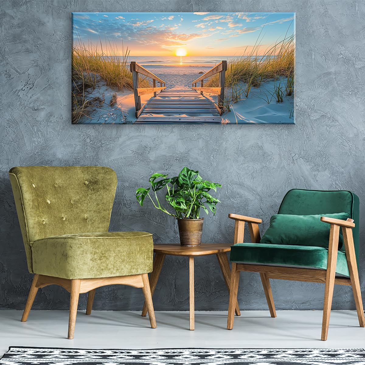 LASMOND Beautiful White Sandy Beach Pier by Seaside at Sunset Landscape Wall Art Decor Artwork for