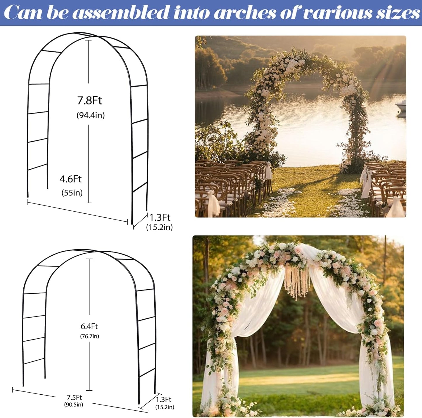 Metal Pergola Arbor Garden Arch - 4.6 * 7.8 or 6.4 * 7.5Ft, Assemble Freely 2 Sizes for Various