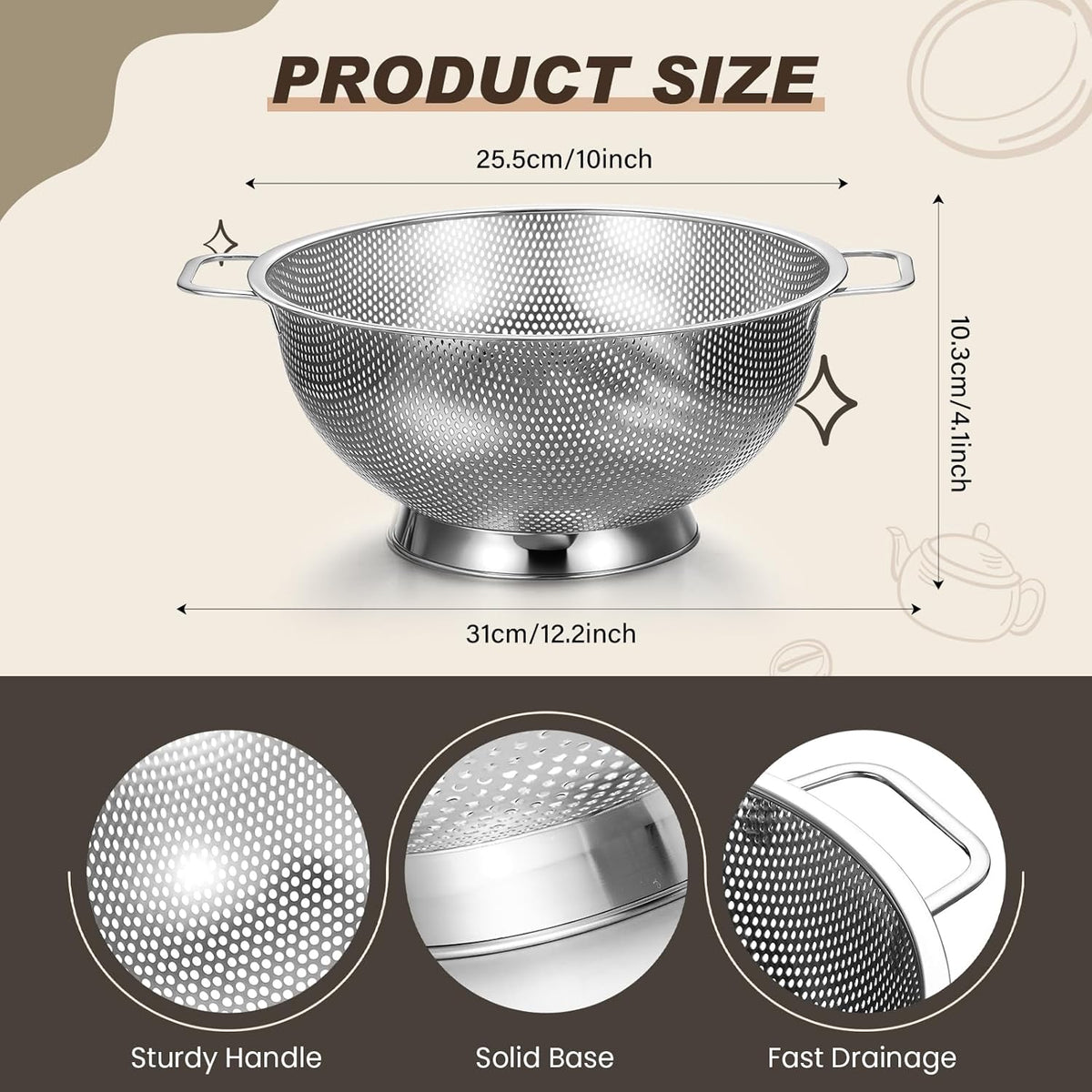 Norme 4 Quart Stainless Steel Silver Colander and 3 Pcs Silver Fine Mesh Strainer, Stainless Steel
