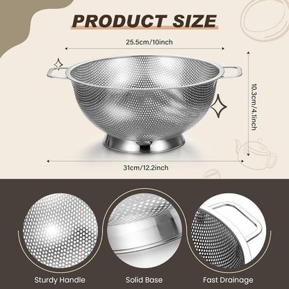 Norme 4 Quart Stainless Steel Silver Colander and 3 Pcs Silver Fine Mesh Strainer, Stainless Steel