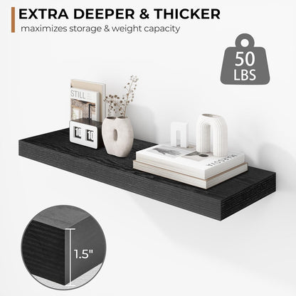 Fun Memories 24 Inch Floating Shelves - Deep Rustic Black Wooden Wall Shelves - Extra Deeper &