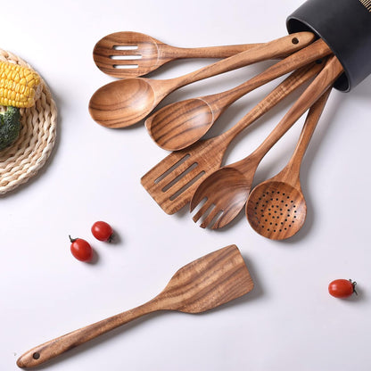 Gudamaye 13 inch Long Wooden Utensils for Cooking, Long Handle Wooden Spoons for Cooking, 7 PCES