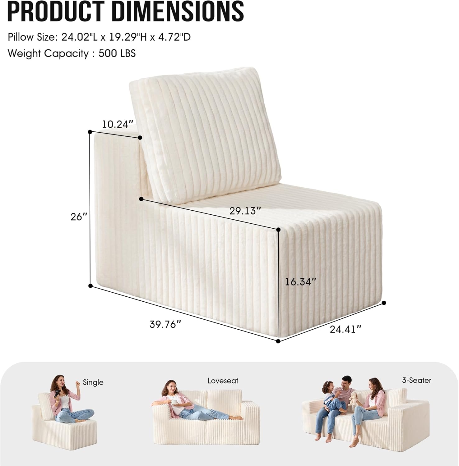 Single Sofa 1 Seat Couch with Deep Seat Memory Foam Cloud Chair with Pillows Large Sofa with L