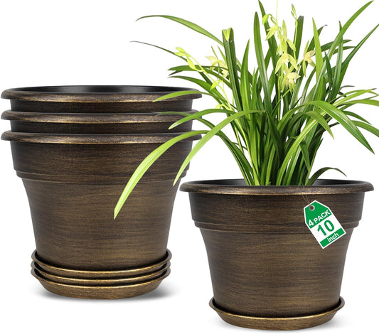 Plant Planters Pots Set of 4 Pack 10 Inch, Plastic Flower Pot for Indoor Plants with Drainage Holes