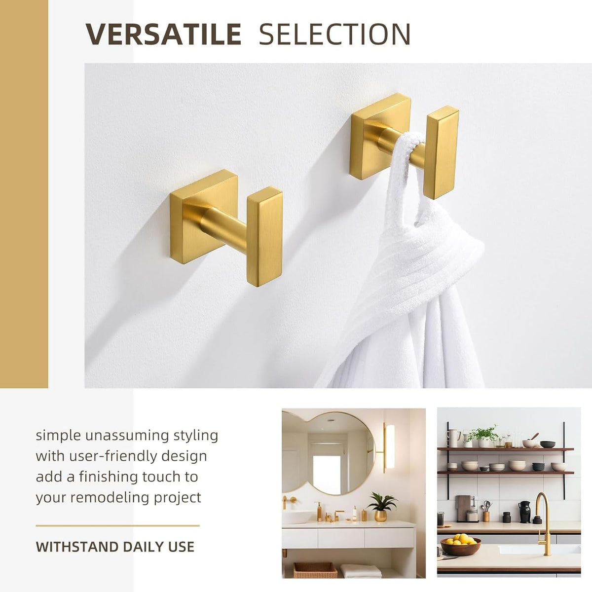 Angle Simple Towel Hooks for Bathroom, SUS 304 Stainless Steel Square Robe Coat Wall Hooks, Hand