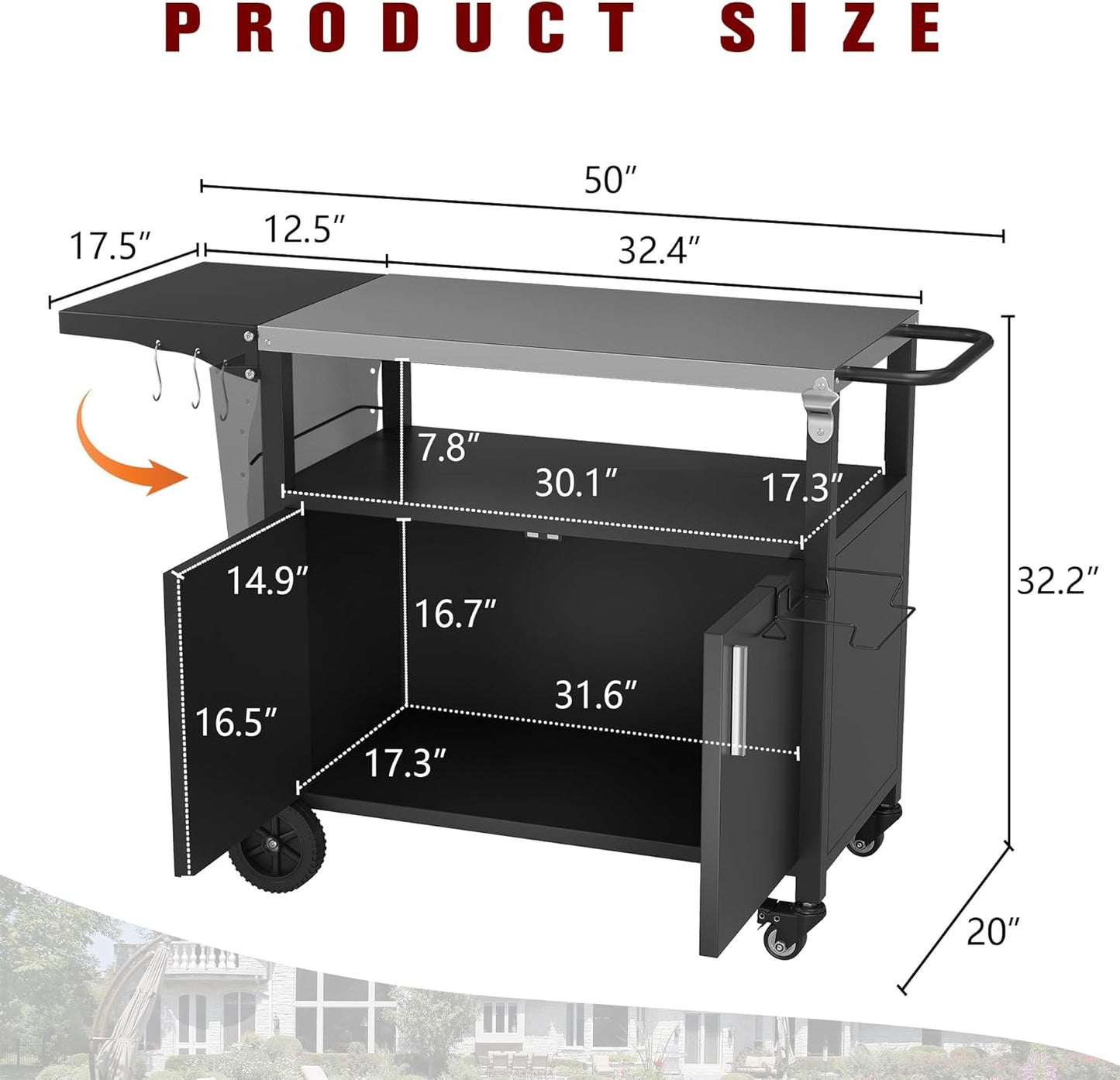 Vongrasig Grill Cart with Storage, Outdoor Bar Cart Rolling BBQ Cart Movable Pizza Oven Table Stand
