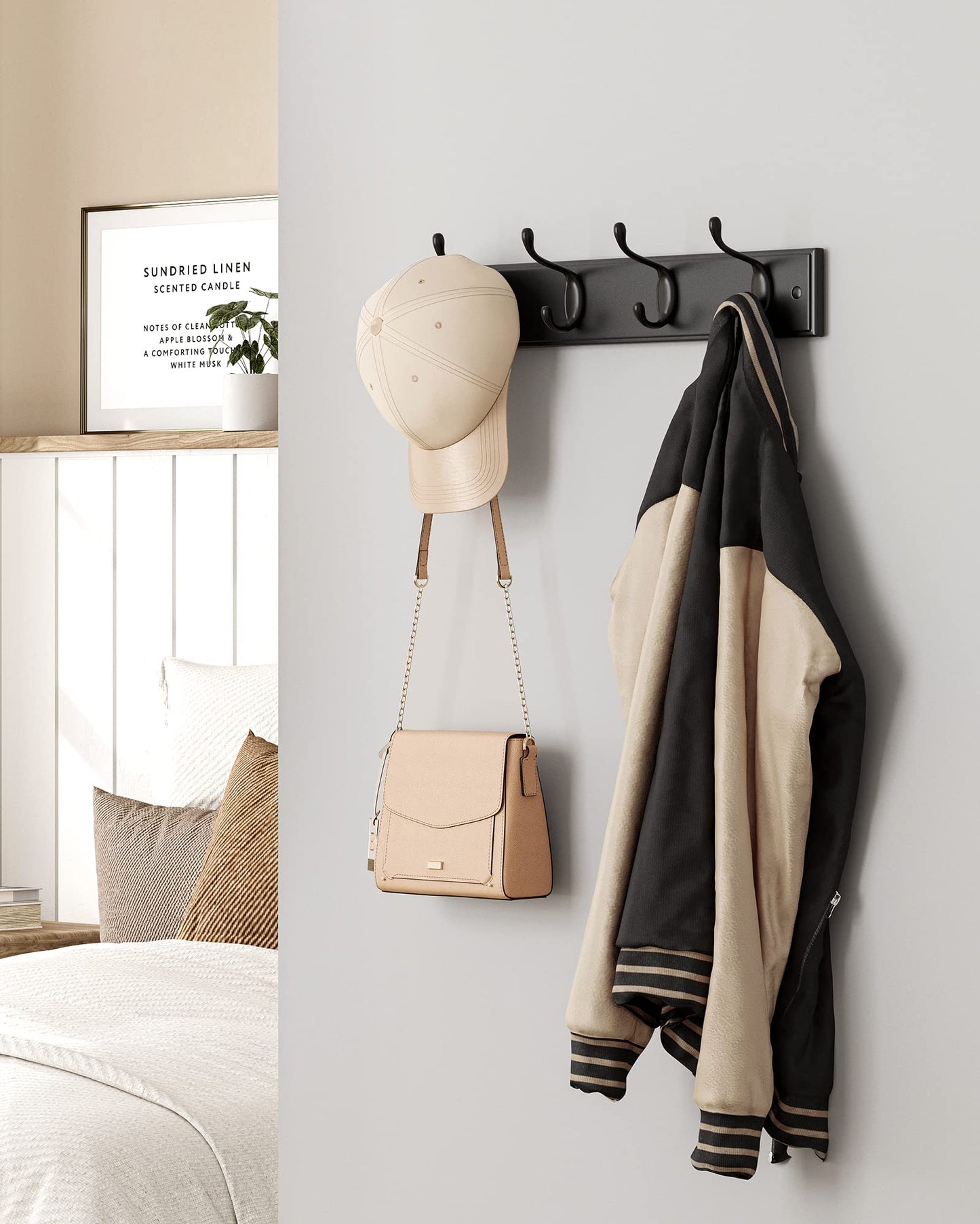 SONGMICS Wall-Mounted Coat Rack, Hook Rack, 4 Dual Metal Hooks, Black