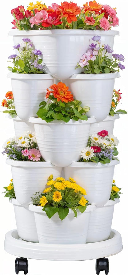 VECELO 5 Tier Vertical Garden Planter, Self Watering Stackable Planters with Wheels for