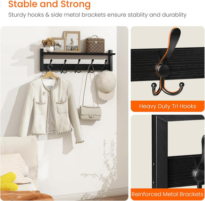 Homode Coat Rack with Shelf, 24" Coat Hooks Wall Mounted with Shelf, Wooden Hanging Coat Hanger