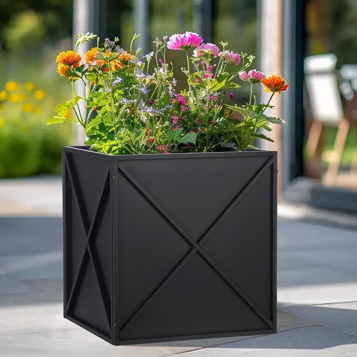 SUNNYPARK Large Metal Planter Box 17”x 17”x 18”, Square Modern Black Metal Planter Box Heavy Duty