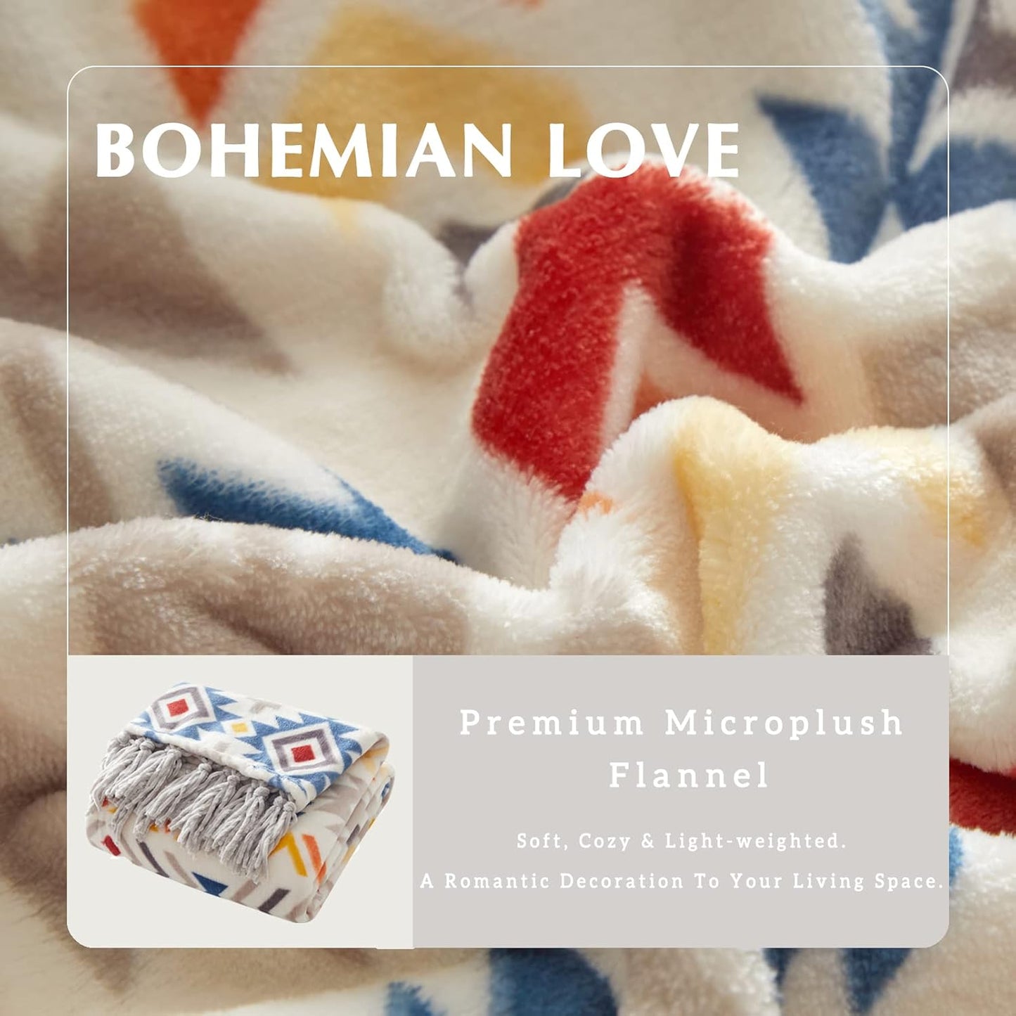 CASAAGUSTO Boho Throw Blanket - Colorful Decorative Blankets with Tassel, Printed Flannel Bohemian