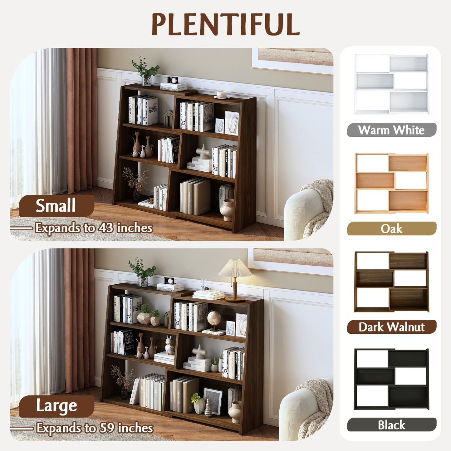 IOTXY Wooden Extendable Shelf Bookcase - 3-Tier Ladder Low Short Bookshelf for Small Space or