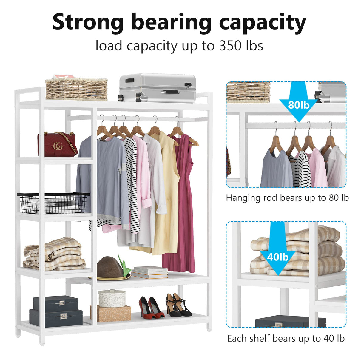 LITTLE TREE Free Standing Wood Closet Clothes Rack,Heavy Duty Grament Rack with Shelves,Hanging
