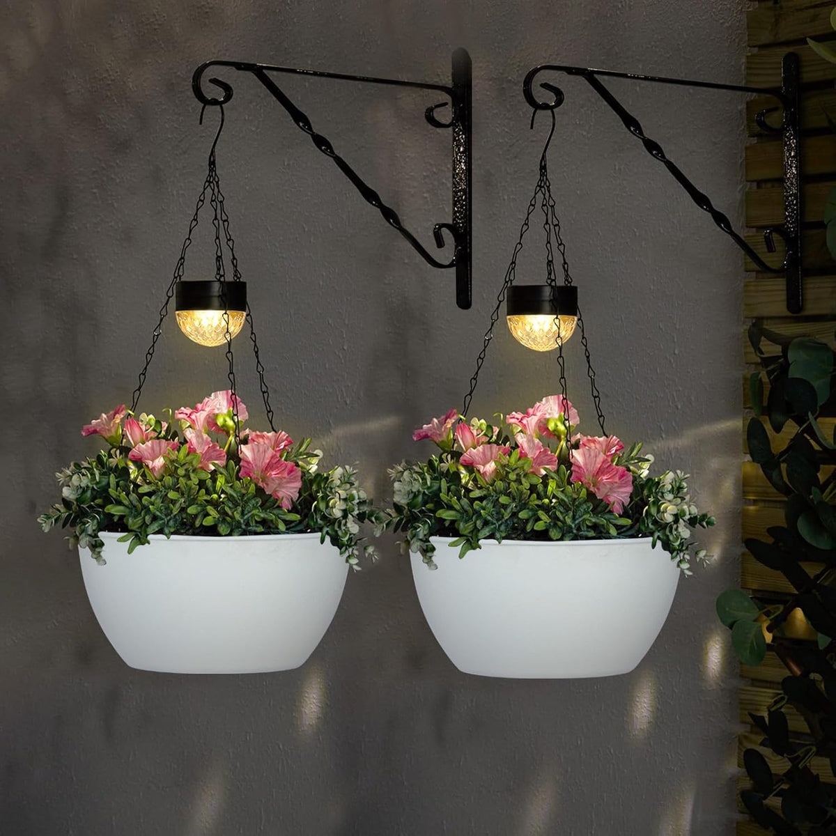 2 Packs Solar Hanging Basket Planters for Plants Outdoor, Self Watering White Flower Plants Pots