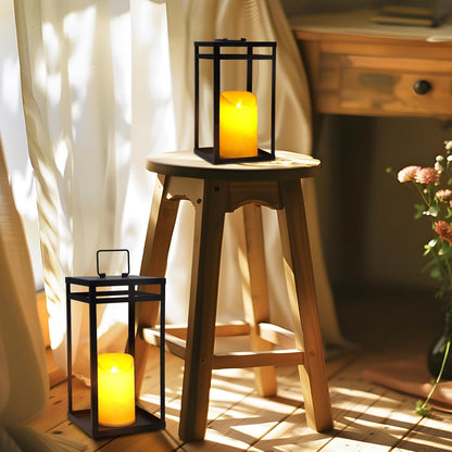 Modern Farmhouse Lantern Decor, 2Pcs Metal Candle Lanterns with Flameless Candles Black Decorative