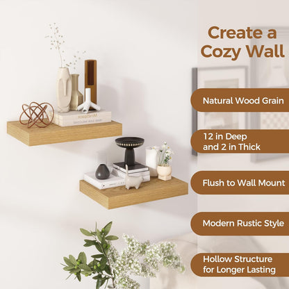 12 Inch Deep Floating Shelves, 16 x 12 Floating Shelf for Books, Rustic Wood Deep Wall Shelves for