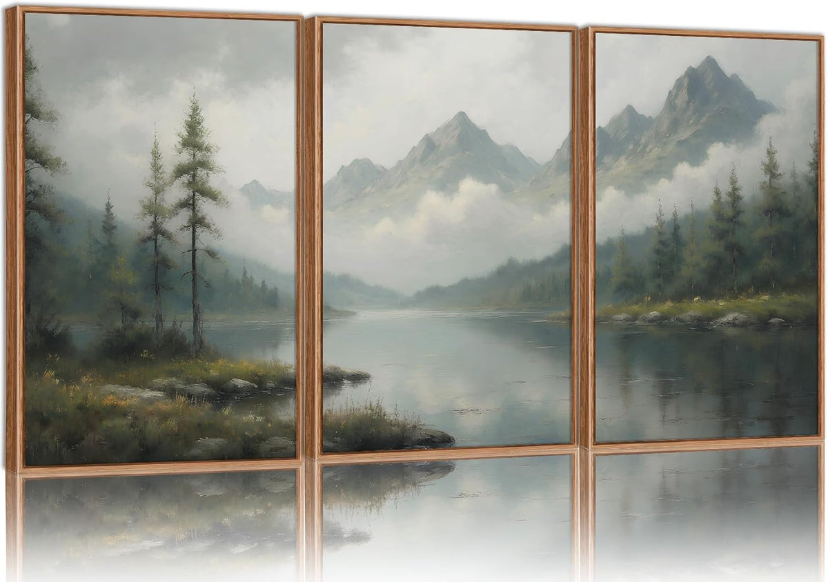SIGNINART Large Green Forest Framed Canvas Wall Art Set, Misty Mountain Lake Scenery Wall Decor