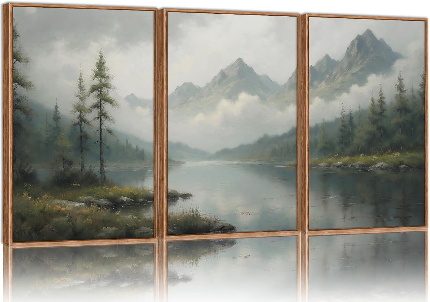 SIGNINART Large Misty Mountain Framed Canvas Wall Art, Green Forest River Scenery Wall Decor
