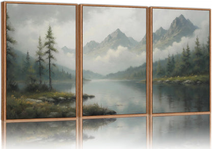 SIGNINART Large Misty Mountain Framed Canvas Wall Art, Green Forest River Scenery Wall Decor