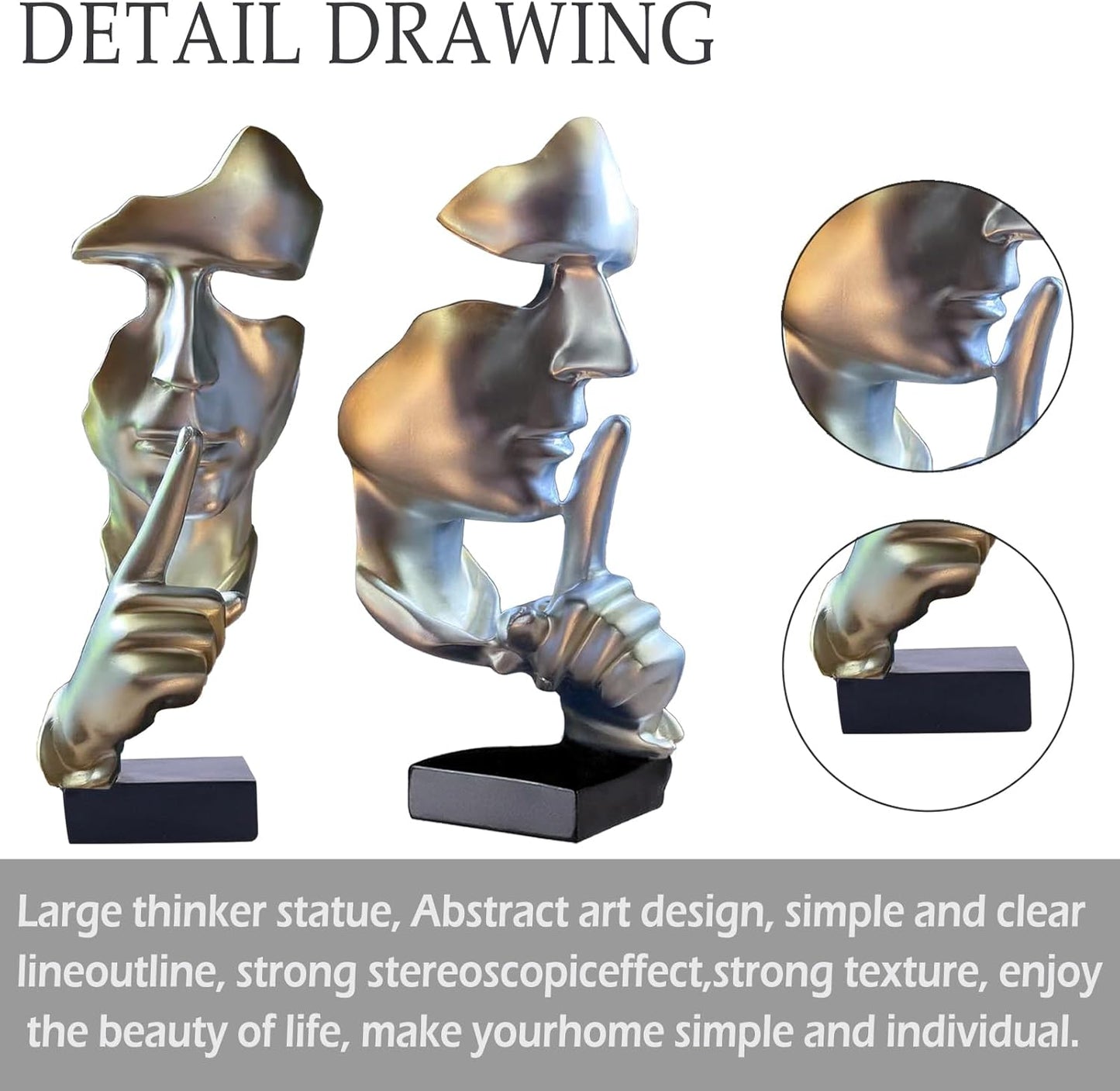 aboxoo Abstract Statues Silence is Gold Decorative Objects,Modern and Simple Resin Figurine,Desk