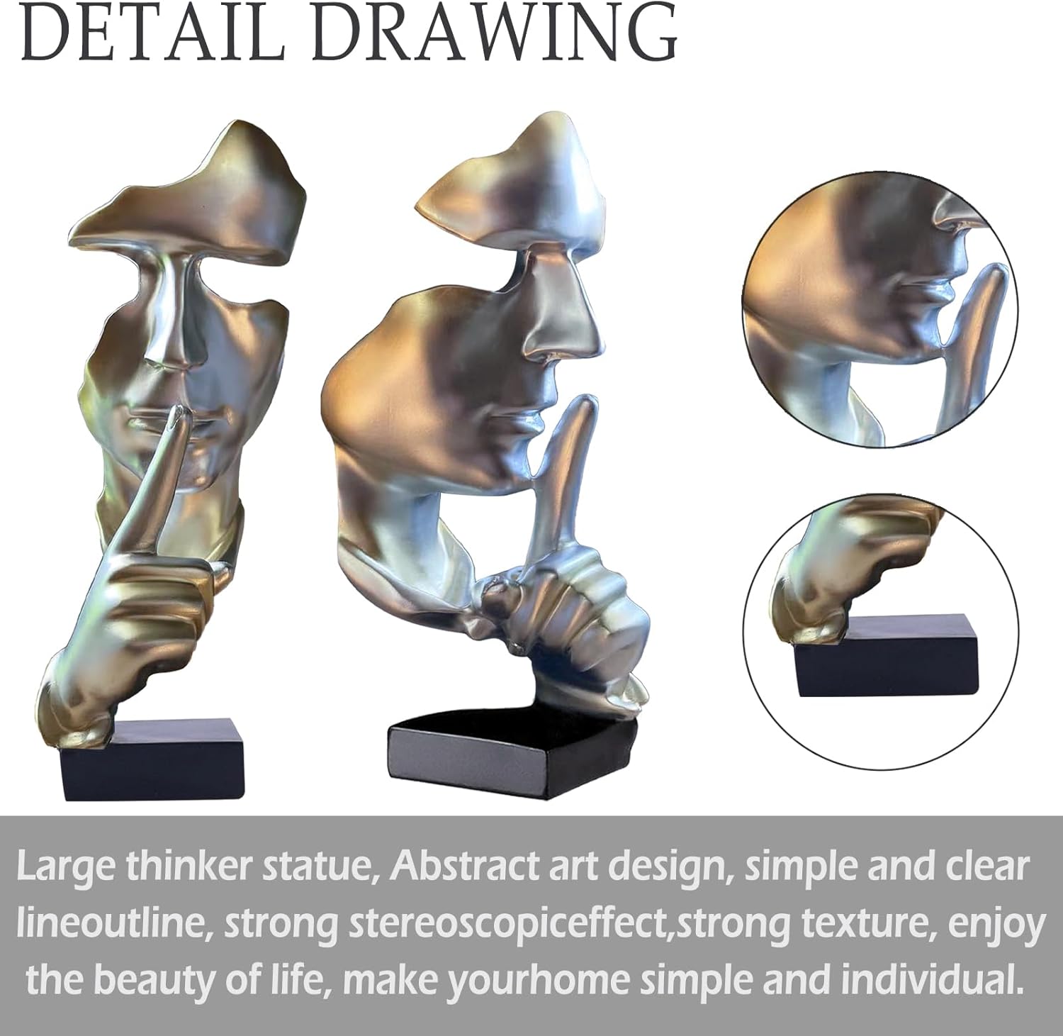 aboxoo Abstract Statues Silence is Gold Decorative Objects,Modern and Simple Resin Figurine,Desk