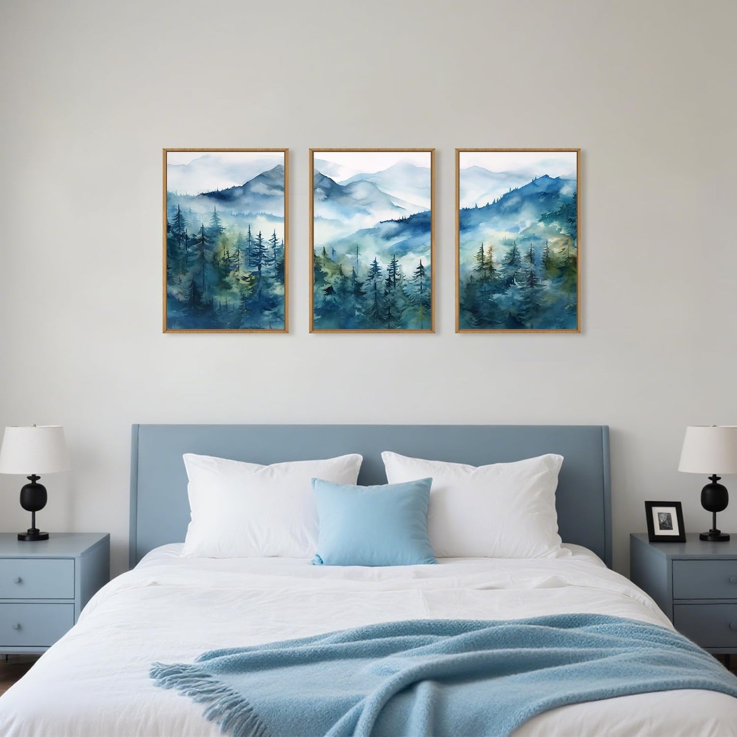 Celestdeco Blue Ridge Mountains Forest Framed Canvas Wall Art Set, Natural Landscape Wall Decor