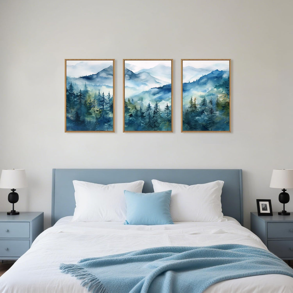 Celestdeco Blue Ridge Mountains Forest Framed Canvas Wall Art Set, Natural Landscape Wall Decor