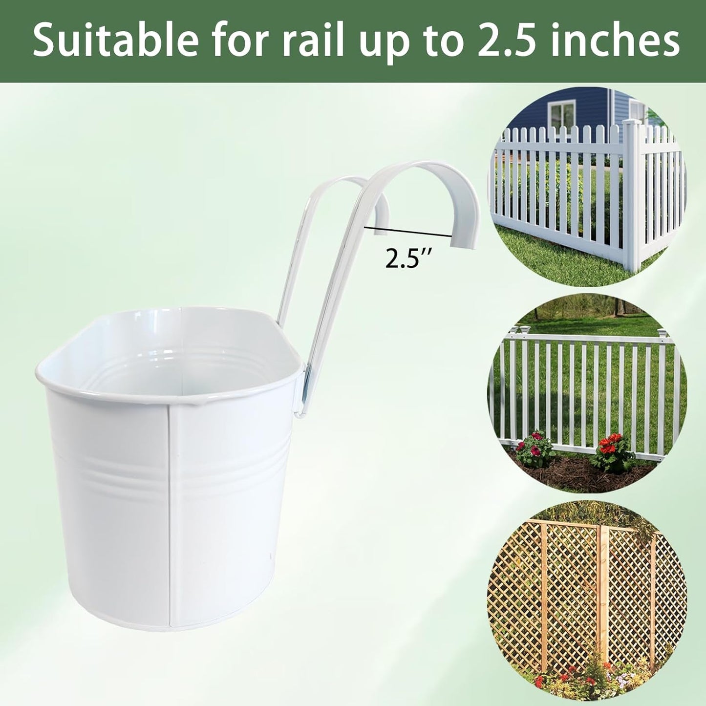 10" Hanging Flower Pots, Pack of 6 White Metal Outdoor Patio Balcony Planter, Railing Planters