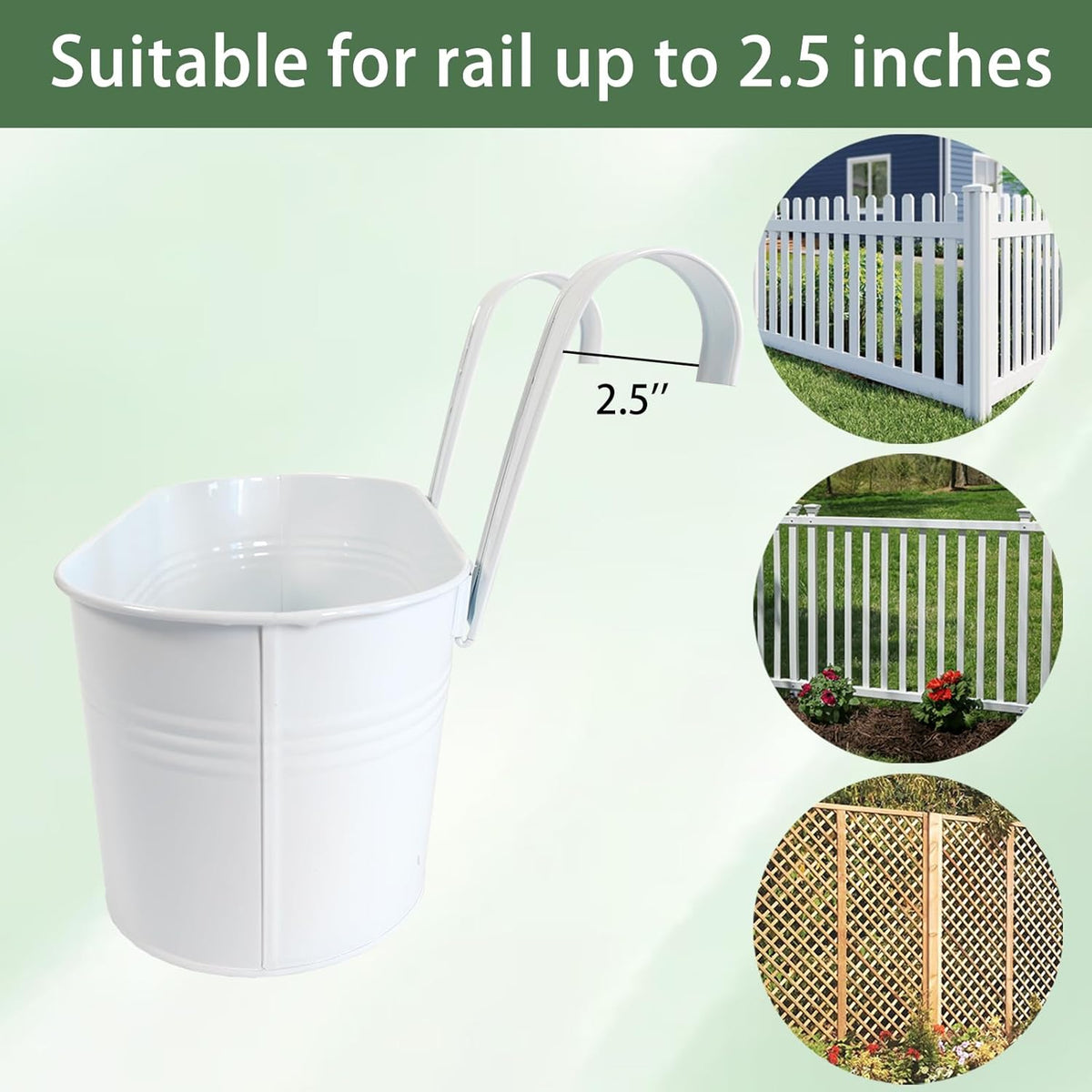 10" Hanging Flower Pots, Pack of 6 White Metal Outdoor Patio Balcony Planter, Railing Planters