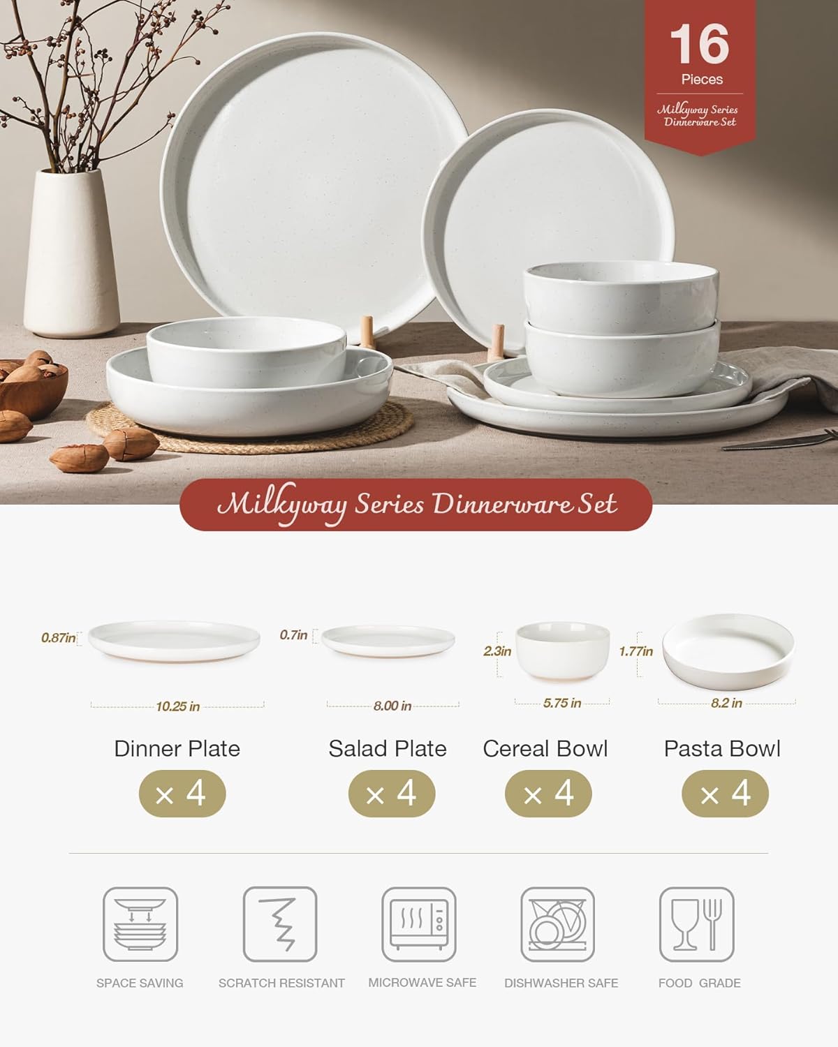 Famiware Milkyway Stoneware Dinnerware Sets with Pasta Bowls, Service for 4 (16 Pieces), Plates and