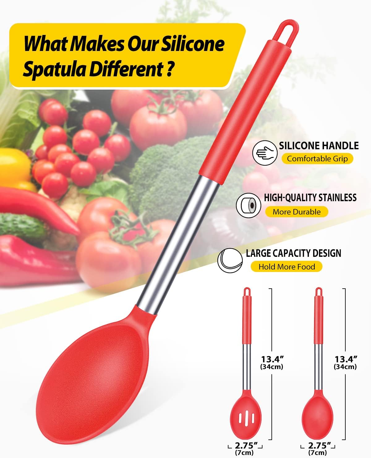 Pack of 2 Large Silicone Cooking Spoons,Non Stick Solid Basting Spoon,Heat-Resistant Kitchen