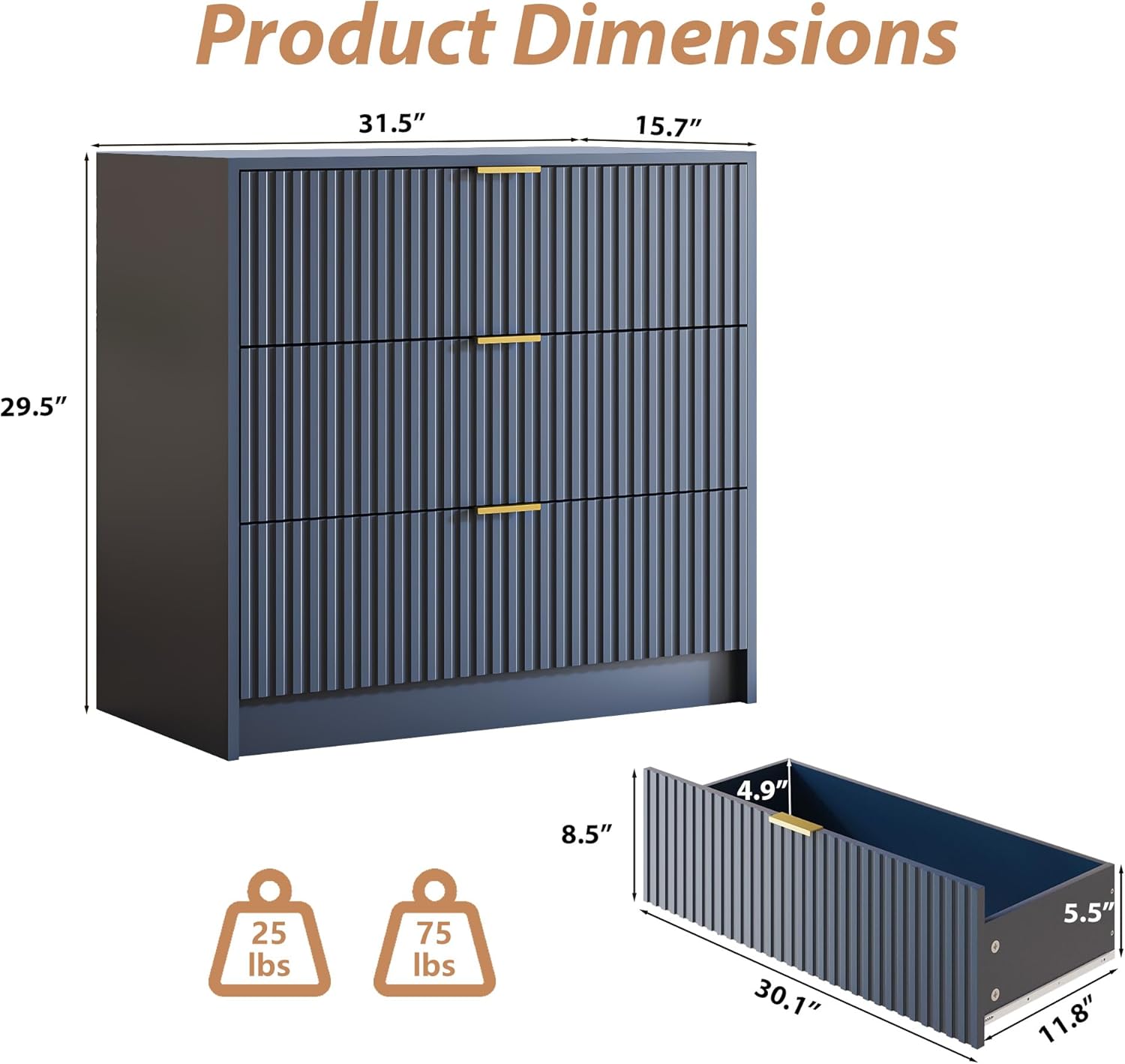 Fluted Dresser for Bedroom, 32 Inch Wide Nightstand with Large Drawer, 3 Drawer End Table for