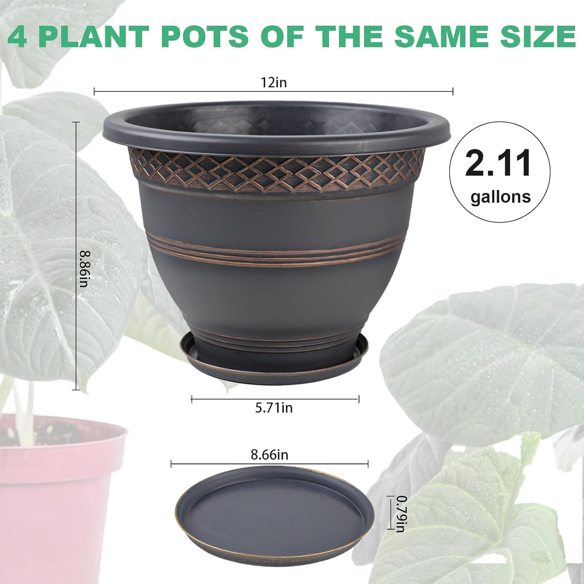 4 Pack 12 Inch Large Plant Pots, Plastic Flower Pot for Indoor & Outdoor with Drainage Holes &