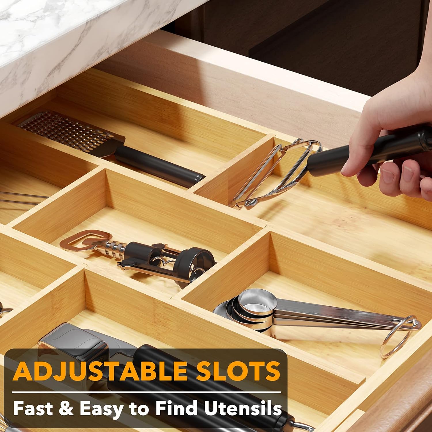 SpaceAid Bamboo Utensil Drawer Organizer with Labels, Kitchen Silverware Expandable Tray Holder