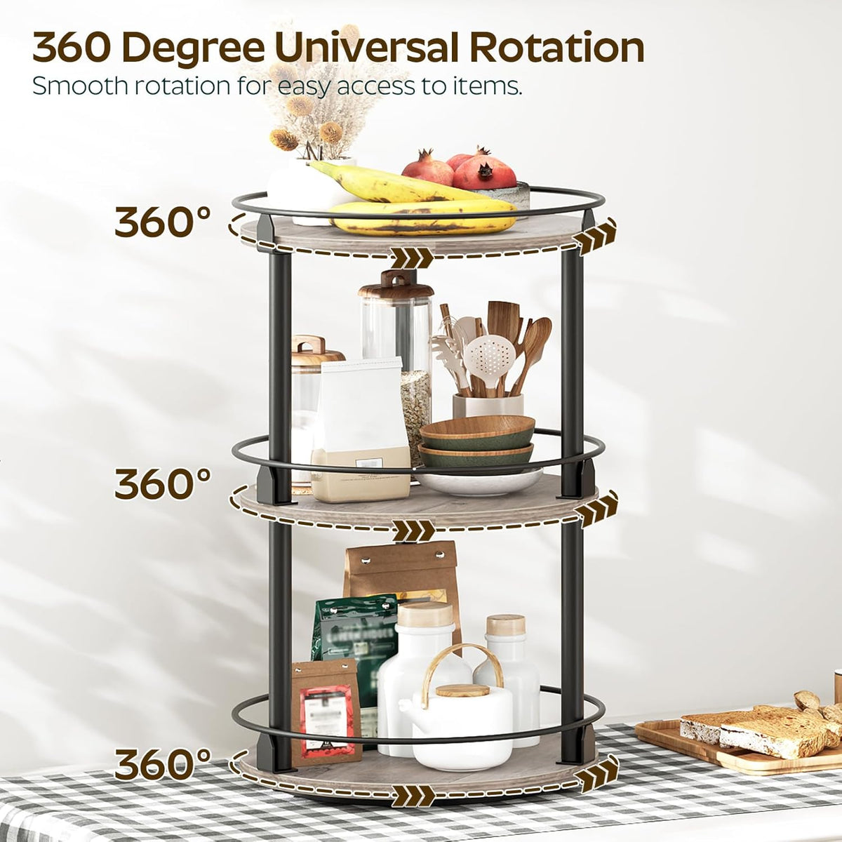 3-Tier Lazy Susan Organizer, Rotating Spice Rack, Spinning Organizer, Industrial Turntable Spice