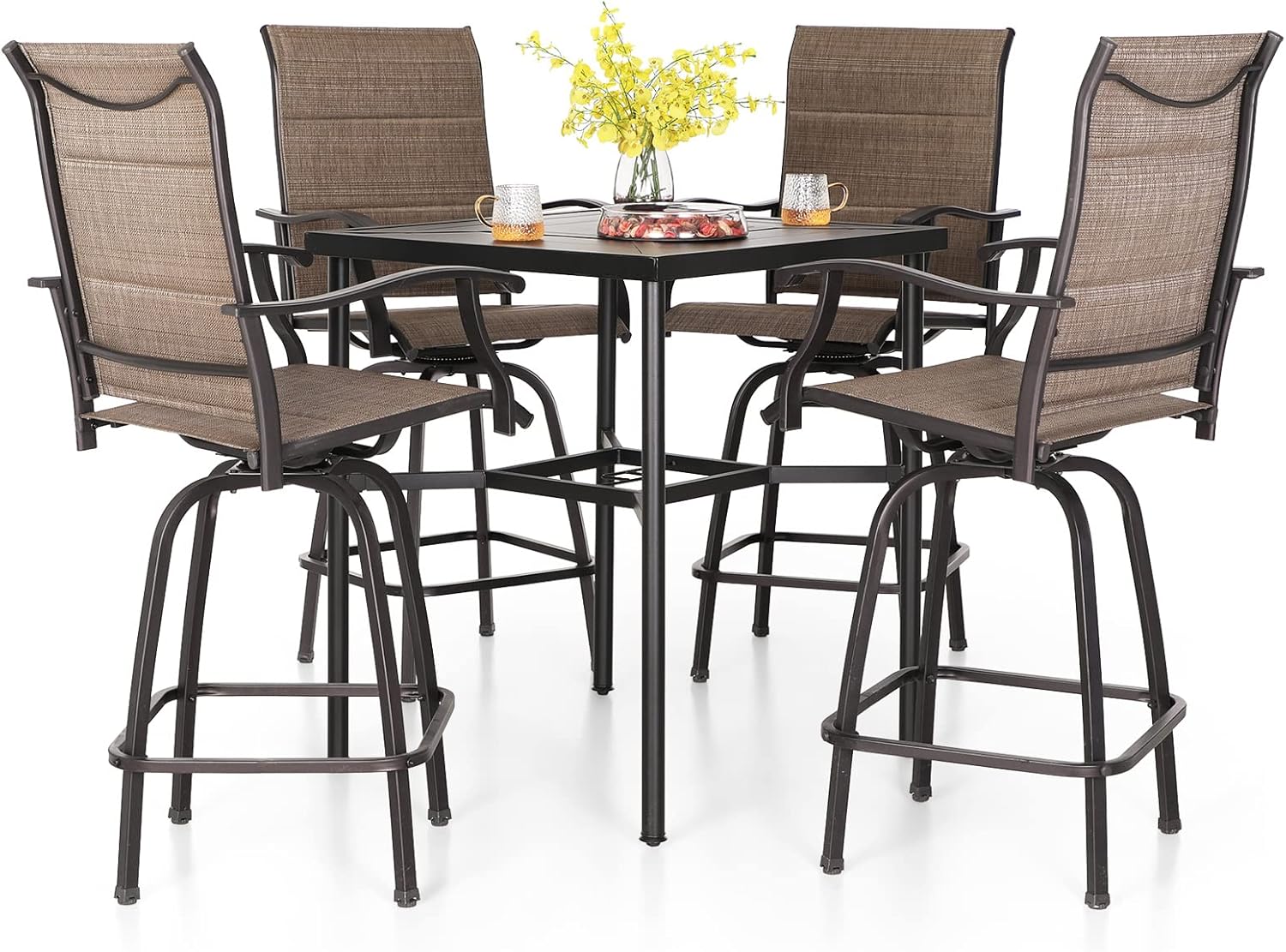 PHI VILLA 5 Piece Patio Bar Set, High Top Outdoor Table and Chairs for 4 with Swivel Padded Bar