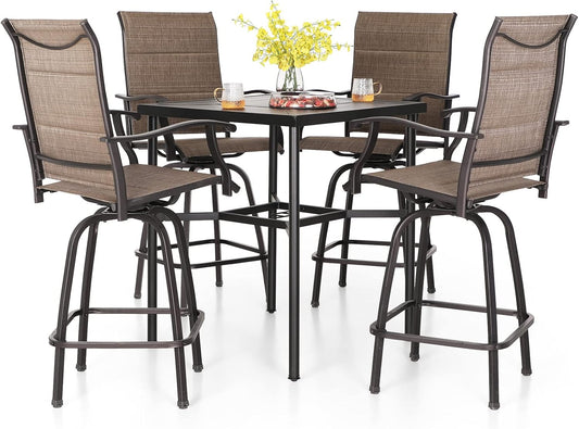 PHI VILLA 5 Piece Patio Bar Set, High Top Outdoor Table and Chairs for 4 with Swivel Padded Bar