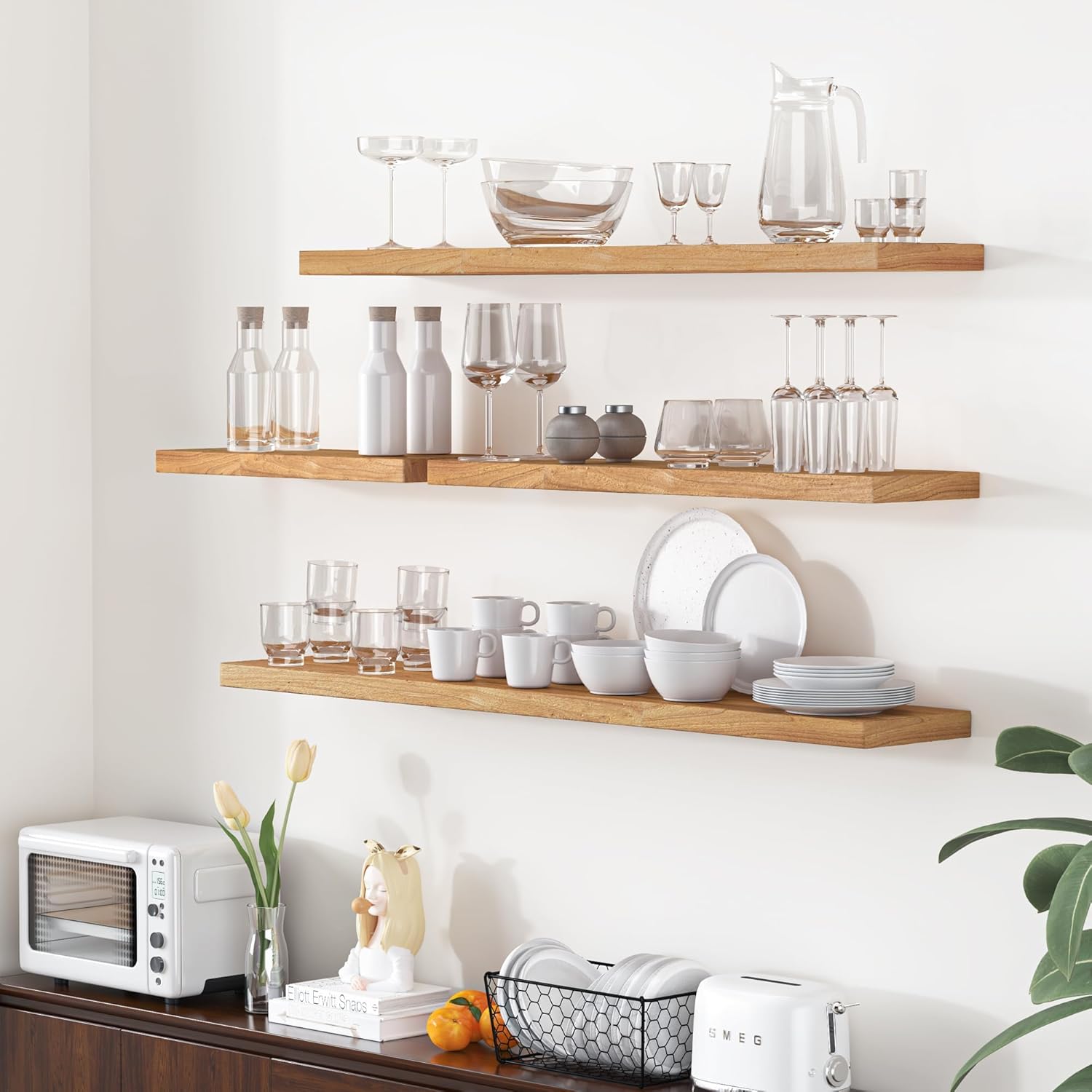 Fun Memories Floating Shelves for Wall, 55"x9.3" Rustic Solid Elm Wood Shelves, Heavy-Duty Wall