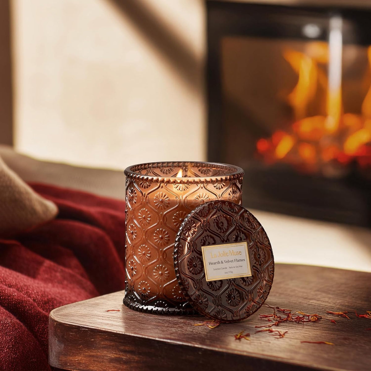LA JOLIE MUSE Hearth & Velvet Flames Candle - Saffron, Clove, Vanilla | 6 oz Natural Soy Wax | 40